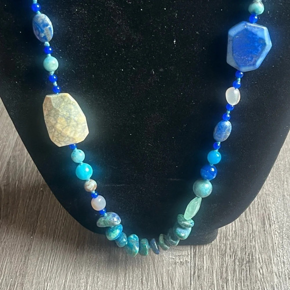 Blue Lapis and Impression Jasper Precious Stones Sterling Silver Clasp Necklace - Picture 3 of 10